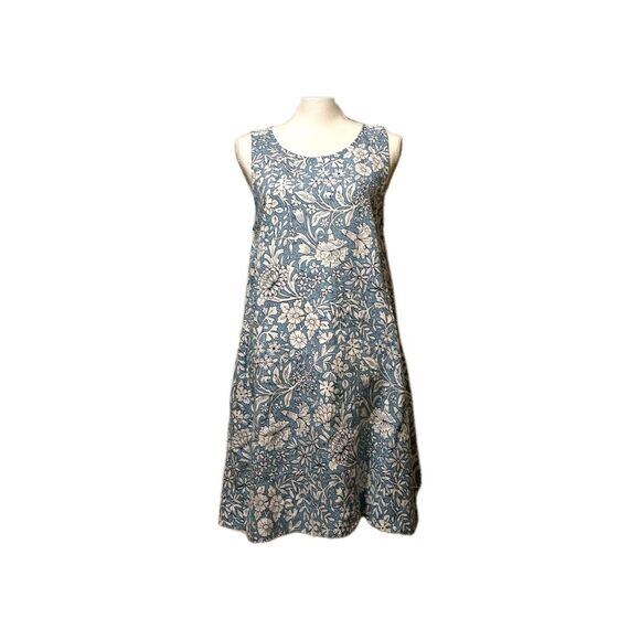100% LINEN dress L RACHEL ASHWELL FLORAL Short Mini  BLUE WHITE Large Summer 12 - Picture 2 of 8